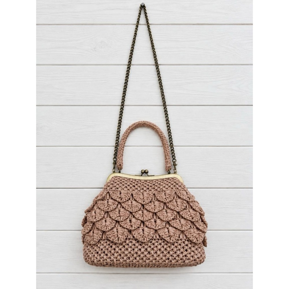 Patricia Nash Laureana Satchel Scalloped Raffia Kiss Lock Bag Tan